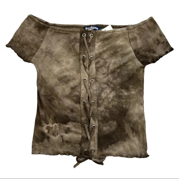 Freshman 1996 Brown Tie Dye Lace Up Cropped Off Shoulder Top 16 Girls - Picture 1 of 2